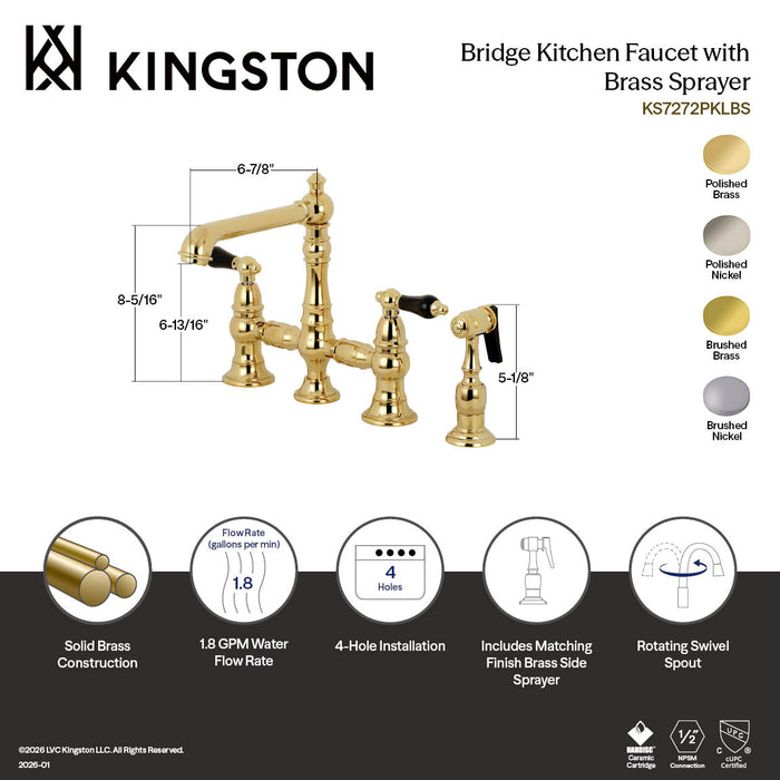 Kingston Tulare KS7272PKLBS - Duchess Two-Handle 4-Hole Deck Mount Bridge Kitchen Faucet with Brass Sprayer, Polished Brass