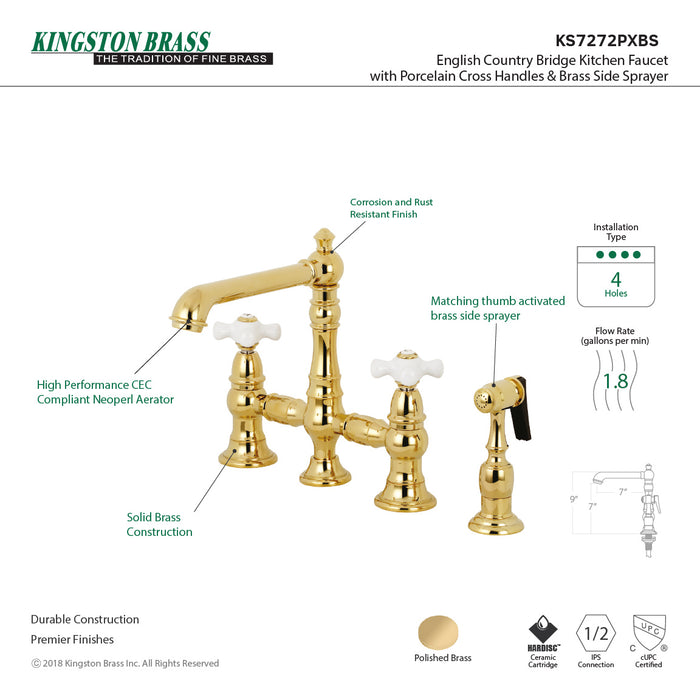 Kingston Tulare KS7272PXBS - English Country Two-Handle 4-Hole Deck Mount Bridge Kitchen Faucet with Brass Sprayer, Polished Brass