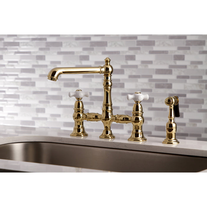 Kingston Tulare KS7272PXBS - English Country Two-Handle 4-Hole Deck Mount Bridge Kitchen Faucet with Brass Sprayer, Polished Brass