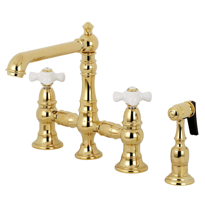 Kingston Tulare KS7272PXBS - English Country Two-Handle 4-Hole Deck Mount Bridge Kitchen Faucet with Brass Sprayer, Polished Brass