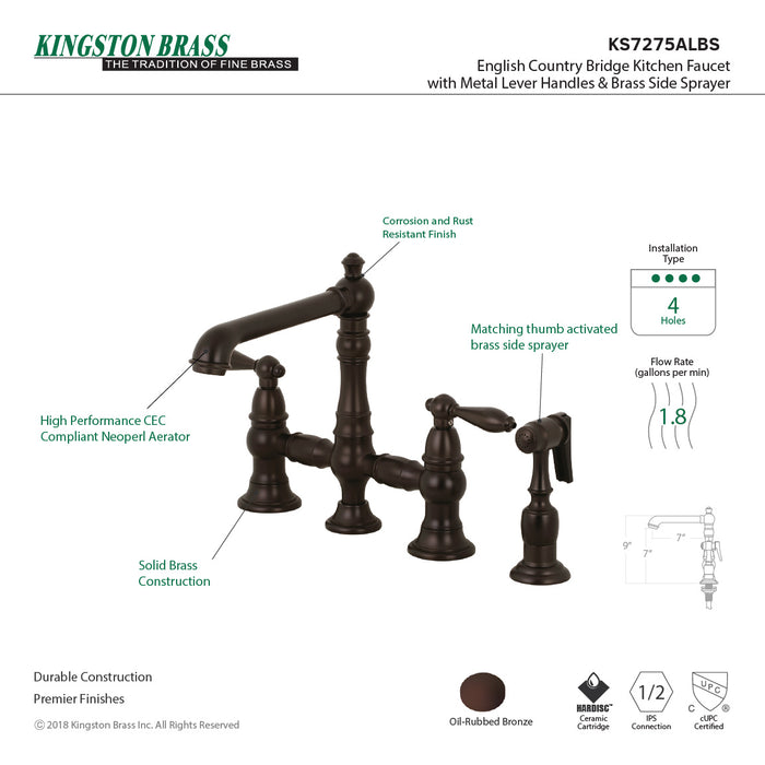 Kingston Tulare KS7275ALBS - English Country Two-Handle 4-Hole Deck Mount Bridge Kitchen Faucet with Brass Sprayer, Oil Rubbed Bronze