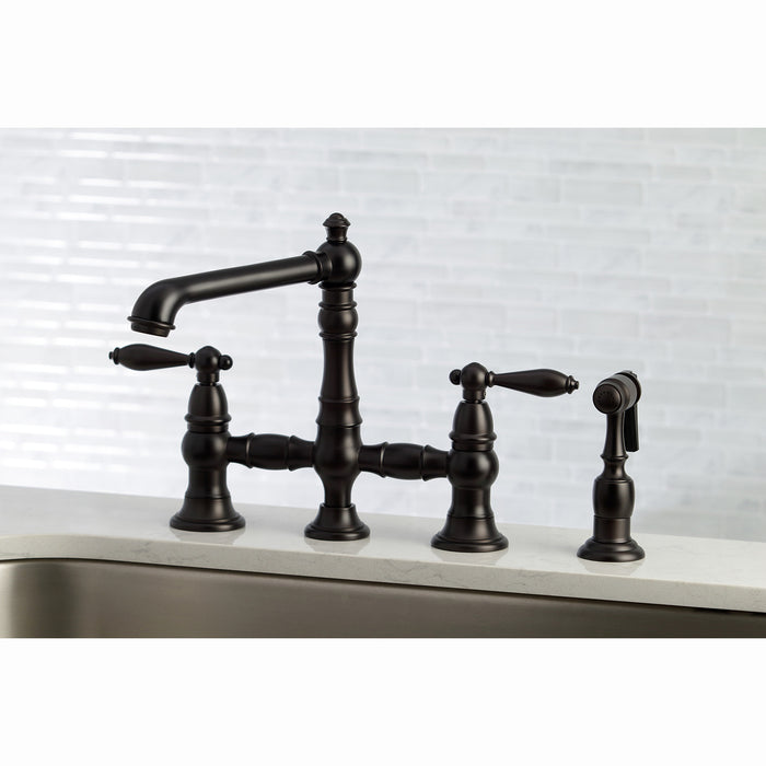 Kingston Tulare KS7275ALBS - English Country Two-Handle 4-Hole Deck Mount Bridge Kitchen Faucet with Brass Sprayer, Oil Rubbed Bronze