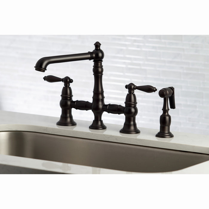 Kingston Tulare KS7275ALBS - English Country Two-Handle 4-Hole Deck Mount Bridge Kitchen Faucet with Brass Sprayer, Oil Rubbed Bronze