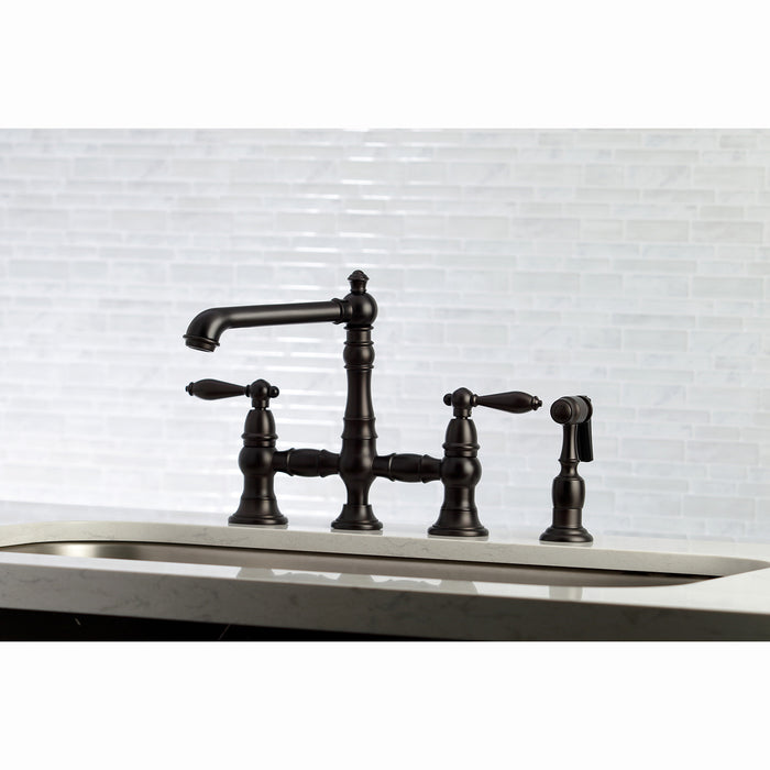 Kingston Tulare KS7275ALBS - English Country Two-Handle 4-Hole Deck Mount Bridge Kitchen Faucet with Brass Sprayer, Oil Rubbed Bronze