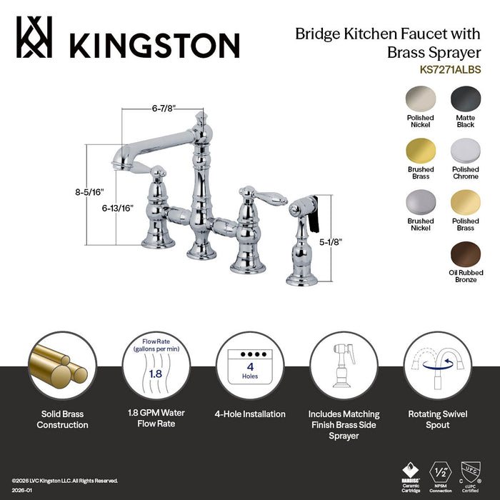 Kingston Tulare KS7276ALBS - English Country Two-Handle 4-Hole Deck Mount Bridge Kitchen Faucet with Brass Sprayer, Polished Nickel