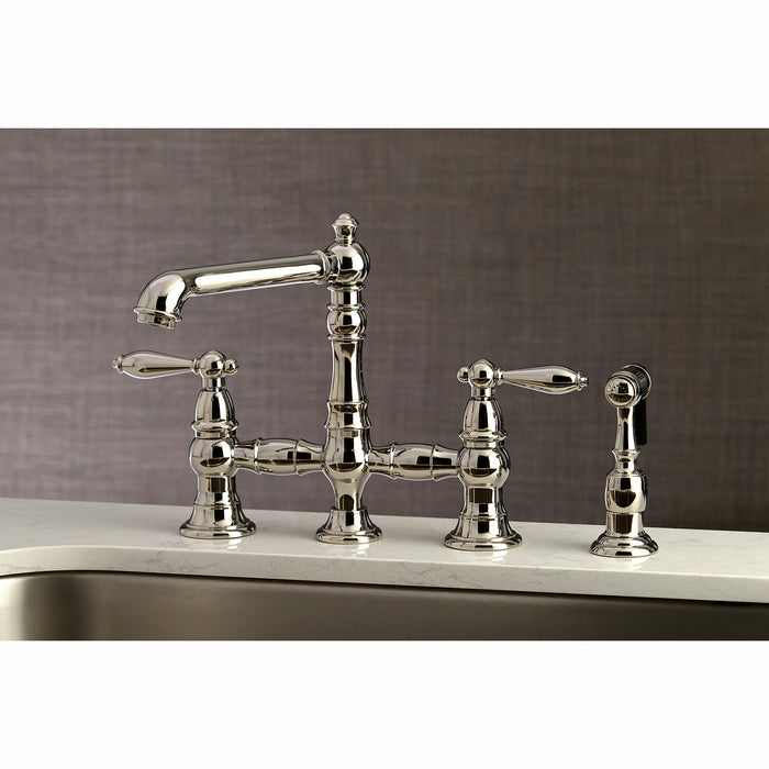Kingston Tulare KS7276ALBS - English Country Two-Handle 4-Hole Deck Mount Bridge Kitchen Faucet with Brass Sprayer, Polished Nickel