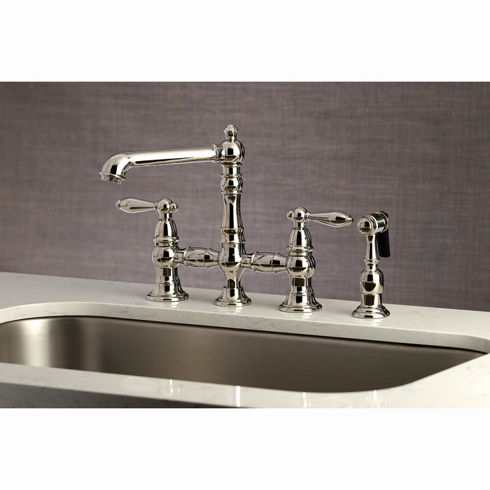 Kingston Tulare KS7276ALBS - English Country Two-Handle 4-Hole Deck Mount Bridge Kitchen Faucet with Brass Sprayer, Polished Nickel
