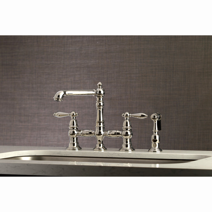English Country KS7276ALBS Two-Handle 4-Hole Deck Mount Bridge Kitchen Faucet with Side Sprayer, Polished Nickel