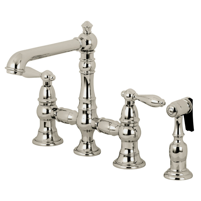 English Country KS7276ALBS Two-Handle 4-Hole Deck Mount Bridge Kitchen Faucet with Side Sprayer, Polished Nickel