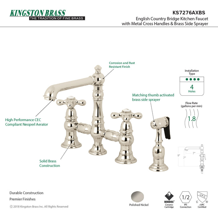 Kingston Tulare KS7276AXBS - English Country Two-Handle 4-Hole Deck Mount Bridge Kitchen Faucet with Brass Sprayer, Polished Nickel