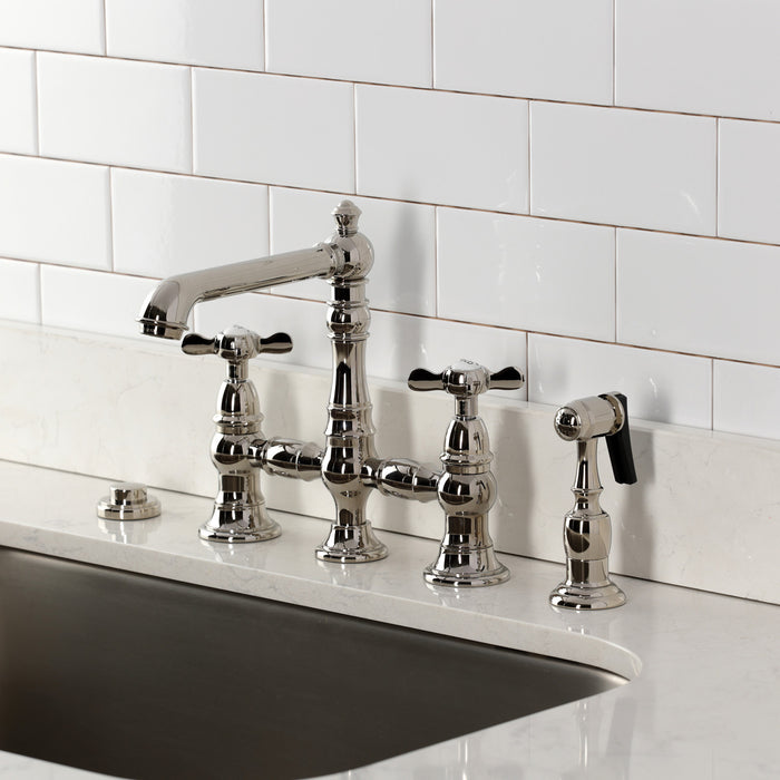Kingston Tulare KS7276BEXBS - Essex Two-Handle 4-Hole Deck Mount Bridge Kitchen Faucet with Brass Sprayer, Polished Nickel