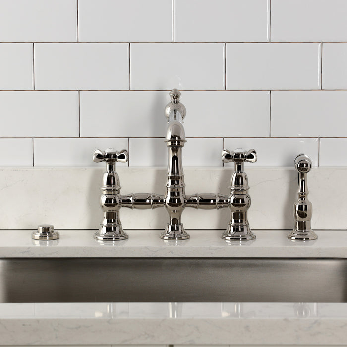 Kingston Tulare KS7276BEXBS - Essex Two-Handle 4-Hole Deck Mount Bridge Kitchen Faucet with Brass Sprayer, Polished Nickel