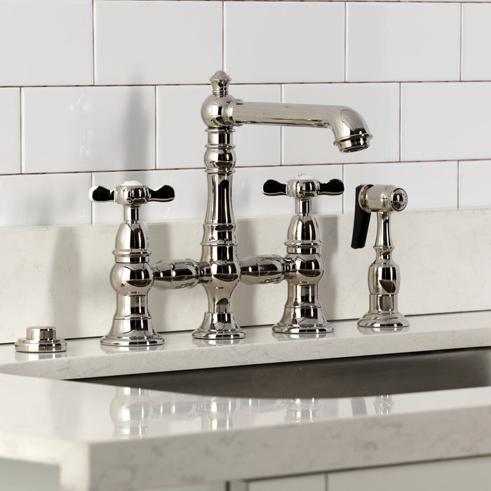 Kingston Tulare KS7276BEXBS - Essex Two-Handle 4-Hole Deck Mount Bridge Kitchen Faucet with Brass Sprayer, Polished Nickel