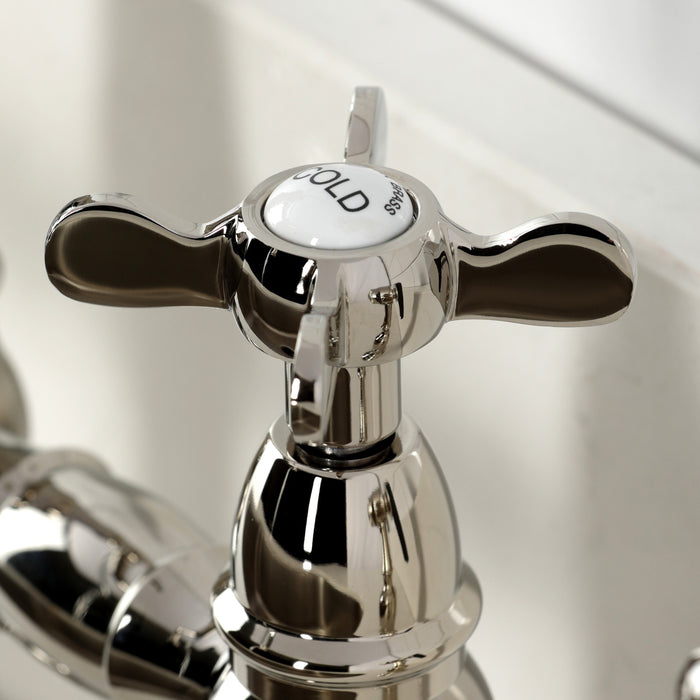 Kingston Tulare KS7276BEXBS - Essex Two-Handle 4-Hole Deck Mount Bridge Kitchen Faucet with Brass Sprayer, Polished Nickel