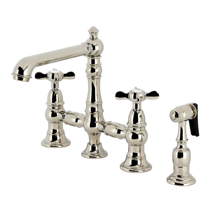 Kingston Tulare KS7276BEXBS - Essex Two-Handle 4-Hole Deck Mount Bridge Kitchen Faucet with Brass Sprayer, Polished Nickel