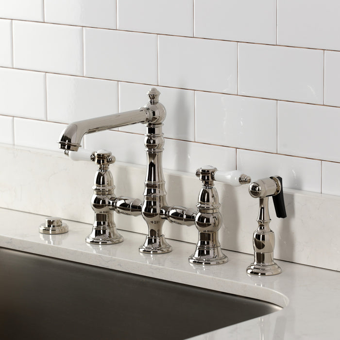 Kingston Tulare KS7276BPLBS - Bel-Air Two-Handle 4-Hole Deck Mount Bridge Kitchen Faucet with Brass Sprayer, Polished Nickel
