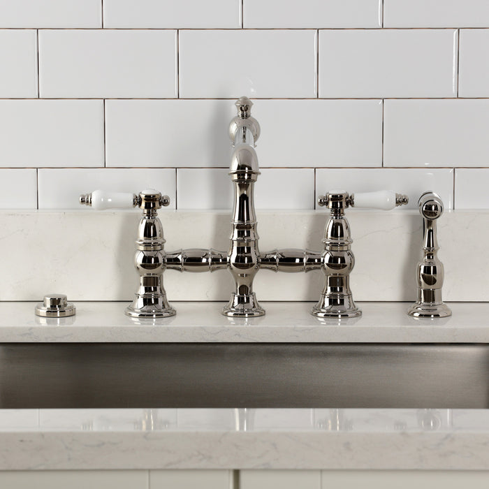 Kingston Tulare KS7276BPLBS - Bel-Air Two-Handle 4-Hole Deck Mount Bridge Kitchen Faucet with Brass Sprayer, Polished Nickel