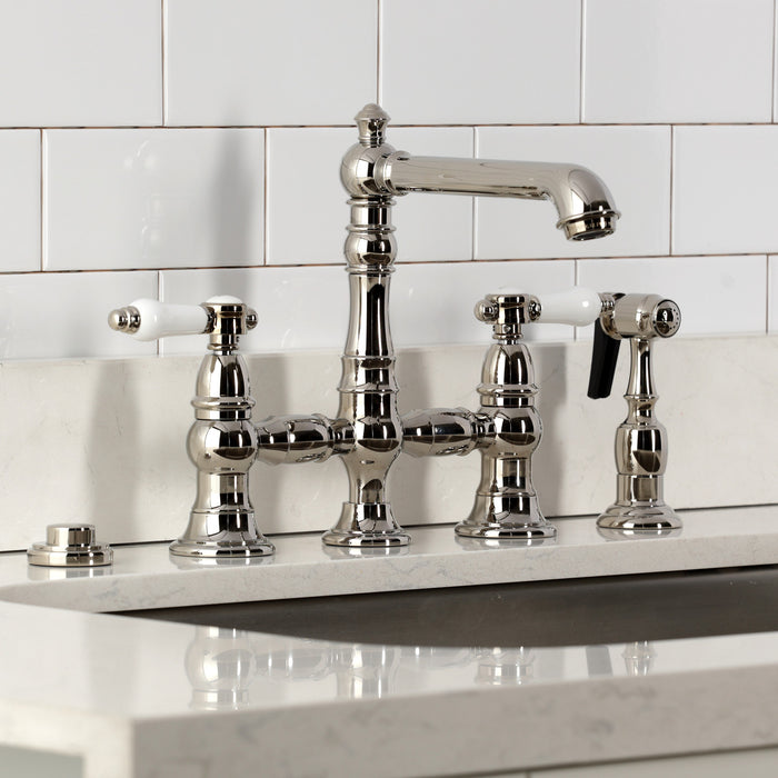 Kingston Tulare KS7276BPLBS - Bel-Air Two-Handle 4-Hole Deck Mount Bridge Kitchen Faucet with Brass Sprayer, Polished Nickel