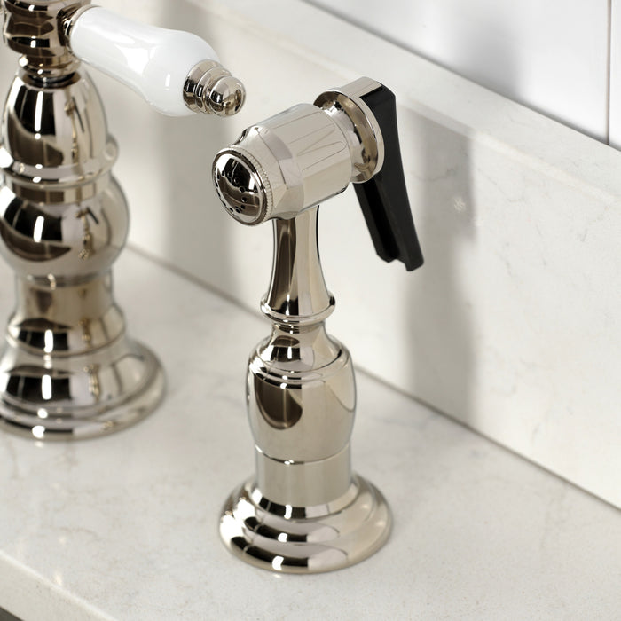 Kingston Tulare KS7276BPLBS - Bel-Air Two-Handle 4-Hole Deck Mount Bridge Kitchen Faucet with Brass Sprayer, Polished Nickel