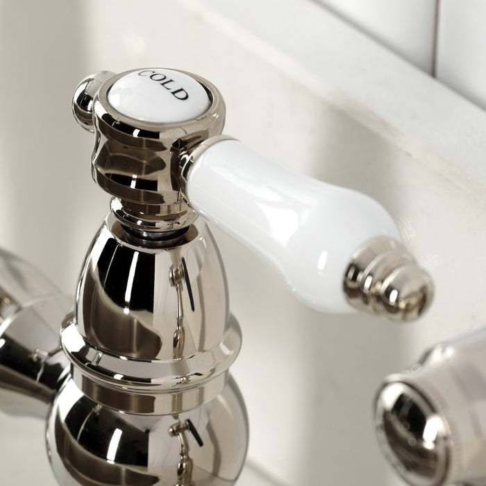 Kingston Tulare KS7276BPLBS - Bel-Air Two-Handle 4-Hole Deck Mount Bridge Kitchen Faucet with Brass Sprayer, Polished Nickel
