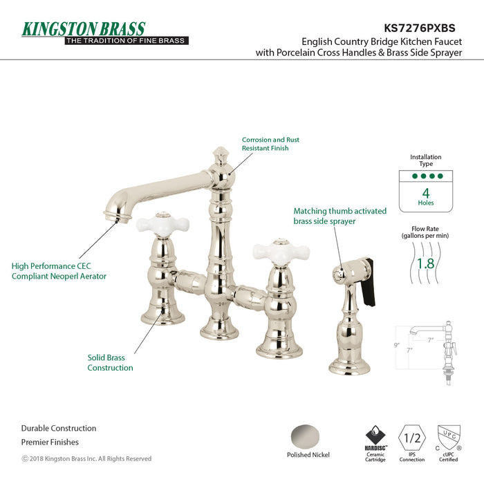 Kingston Tulare KS7276PXBS - English Country Two-Handle 4-Hole Deck Mount Bridge Kitchen Faucet with Brass Sprayer, Polished Nickel