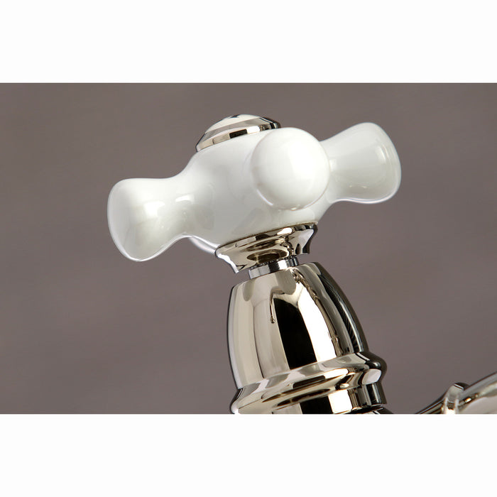 Kingston Tulare KS7276PXBS - English Country Two-Handle 4-Hole Deck Mount Bridge Kitchen Faucet with Brass Sprayer, Polished Nickel