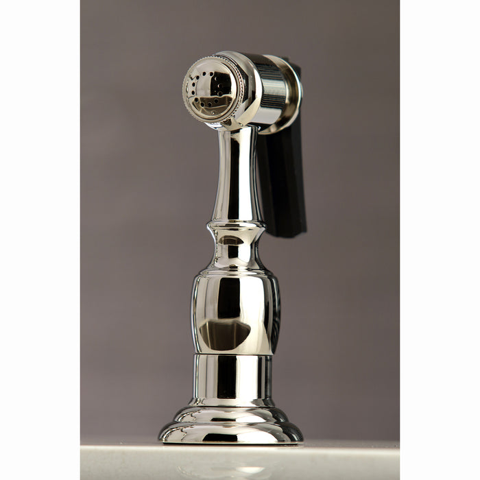 Kingston Tulare KS7276PXBS - English Country Two-Handle 4-Hole Deck Mount Bridge Kitchen Faucet with Brass Sprayer, Polished Nickel