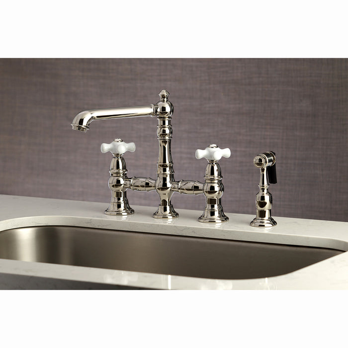 Kingston Tulare KS7276PXBS - English Country Two-Handle 4-Hole Deck Mount Bridge Kitchen Faucet with Brass Sprayer, Polished Nickel