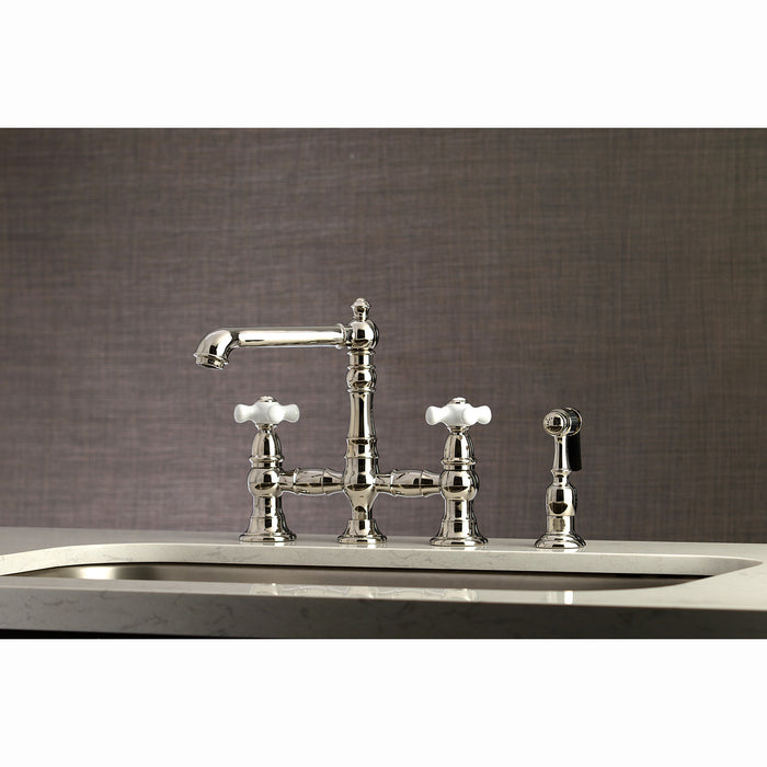 Kingston Tulare KS7276PXBS - English Country Two-Handle 4-Hole Deck Mount Bridge Kitchen Faucet with Brass Sprayer, Polished Nickel