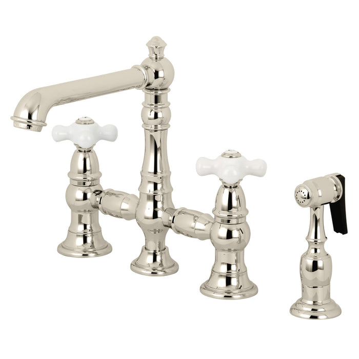 Kingston Tulare KS7276PXBS - English Country Two-Handle 4-Hole Deck Mount Bridge Kitchen Faucet with Brass Sprayer, Polished Nickel