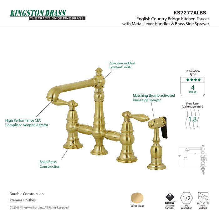 English Country KS7277ALBS Two-Handle 4-Hole Deck Mount Bridge Kitchen Faucet with Brass Sprayer, Brushed Brass