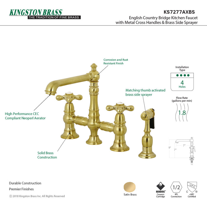 Kingston Tulare KS7277AXBS - English Country Two-Handle 4-Hole Deck Mount Bridge Kitchen Faucet with Brass Sprayer, Brushed Brass