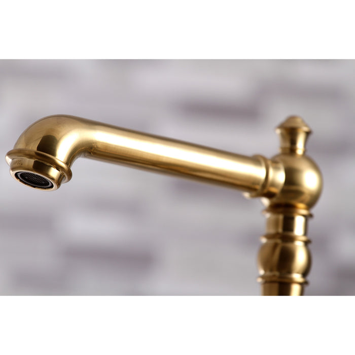 Kingston Tulare KS7277AXBS - English Country Two-Handle 4-Hole Deck Mount Bridge Kitchen Faucet with Brass Sprayer, Brushed Brass