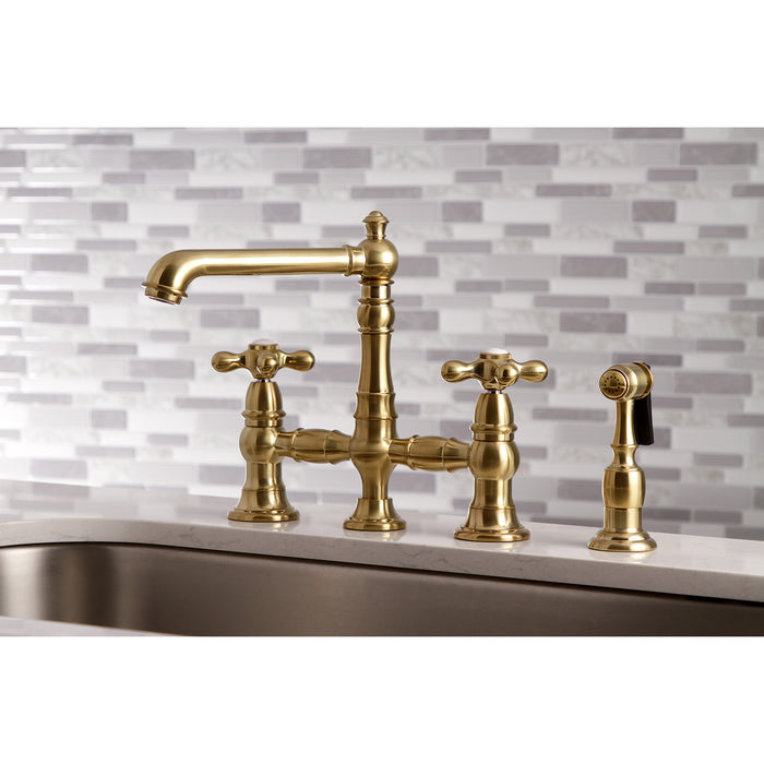 Kingston Tulare KS7277AXBS - English Country Two-Handle 4-Hole Deck Mount Bridge Kitchen Faucet with Brass Sprayer, Brushed Brass