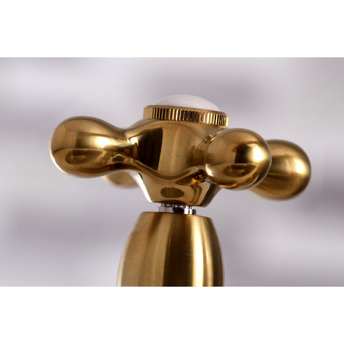 Kingston Tulare KS7277AXBS - English Country Two-Handle 4-Hole Deck Mount Bridge Kitchen Faucet with Brass Sprayer, Brushed Brass