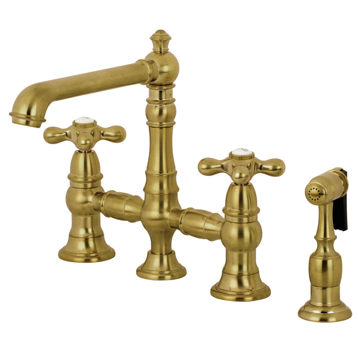 Kingston Tulare KS7277AXBS - English Country Two-Handle 4-Hole Deck Mount Bridge Kitchen Faucet with Brass Sprayer, Brushed Brass