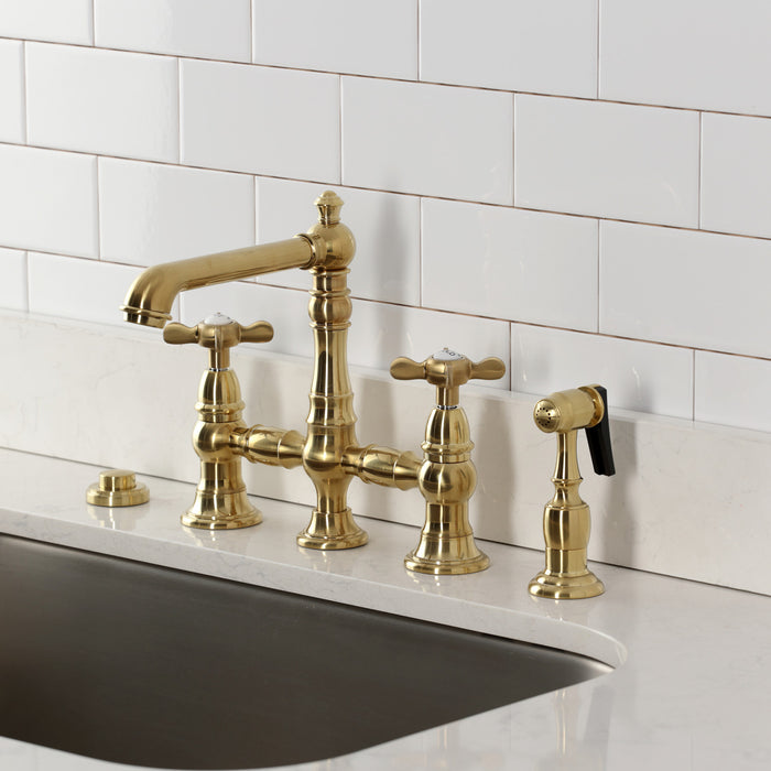 Kingston Tulare KS7277BEXBS - Essex Two-Handle 4-Hole Deck Mount Bridge Kitchen Faucet with Brass Sprayer, Brushed Brass