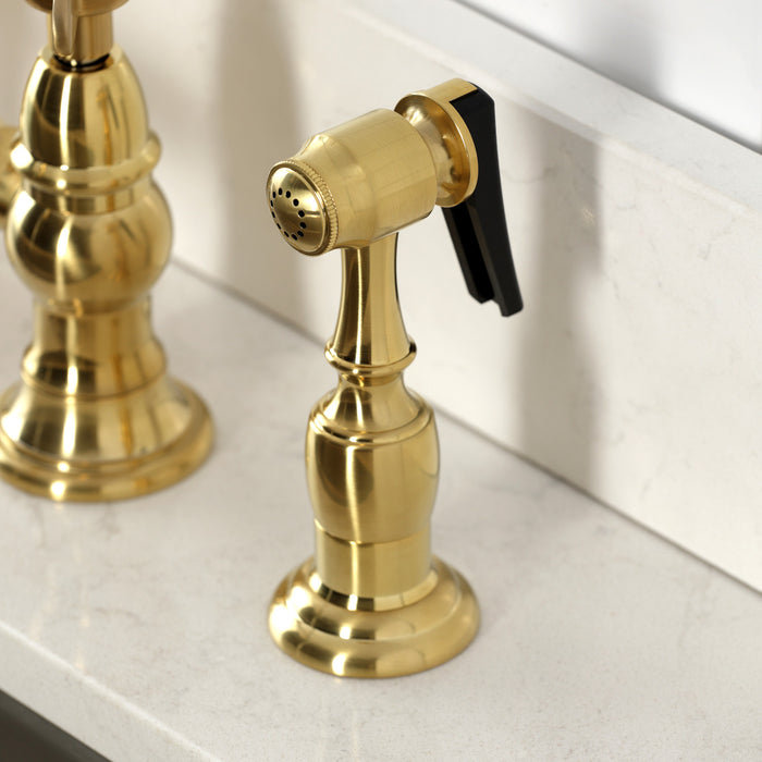 Kingston Tulare KS7277BEXBS - Essex Two-Handle 4-Hole Deck Mount Bridge Kitchen Faucet with Brass Sprayer, Brushed Brass