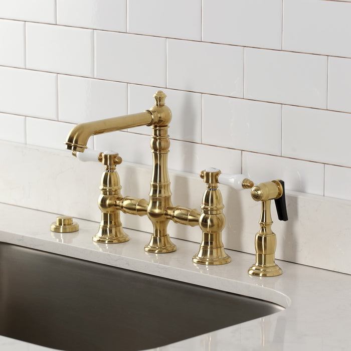 Kingston Tulare KS7277BPLBS - Bel-Air Two-Handle 4-Hole Deck Mount Bridge Kitchen Faucet with Brass Sprayer, Brushed Brass