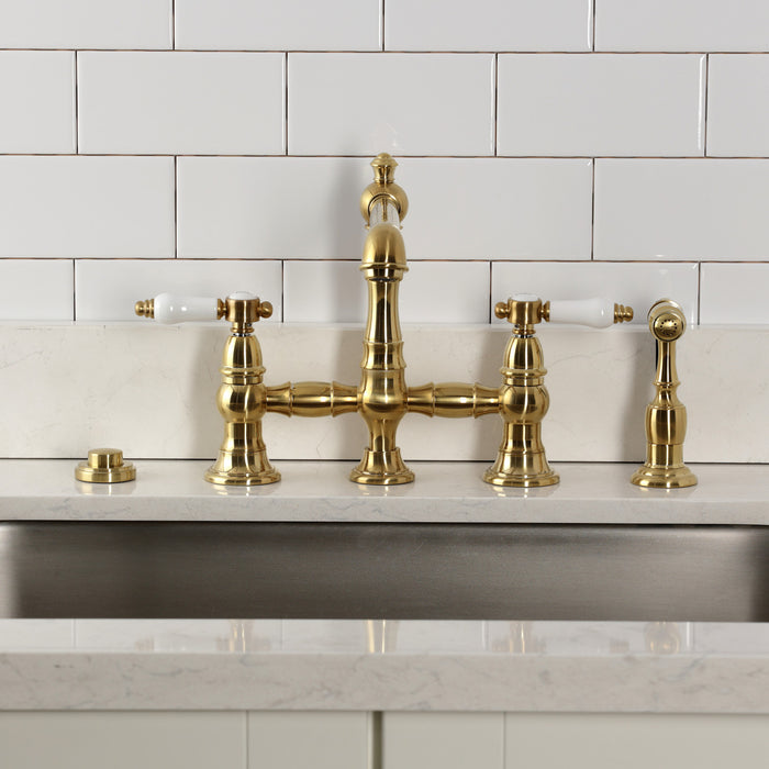 Kingston Tulare KS7277BPLBS - Bel-Air Two-Handle 4-Hole Deck Mount Bridge Kitchen Faucet with Brass Sprayer, Brushed Brass