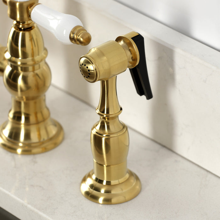 Kingston Tulare KS7277BPLBS - Bel-Air Two-Handle 4-Hole Deck Mount Bridge Kitchen Faucet with Brass Sprayer, Brushed Brass