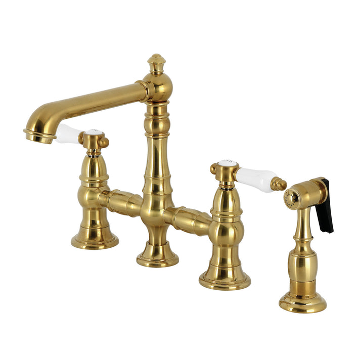 Kingston Tulare KS7277BPLBS - Bel-Air Two-Handle 4-Hole Deck Mount Bridge Kitchen Faucet with Brass Sprayer, Brushed Brass