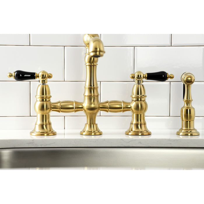 Kingston Tulare KS7277PKLBS - Duchess Two-Handle 4-Hole Deck Mount Bridge Kitchen Faucet with Brass Sprayer, Brushed Brass