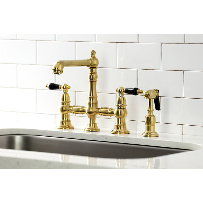 Kingston Tulare KS7277PKLBS - Duchess Two-Handle 4-Hole Deck Mount Bridge Kitchen Faucet with Brass Sprayer, Brushed Brass