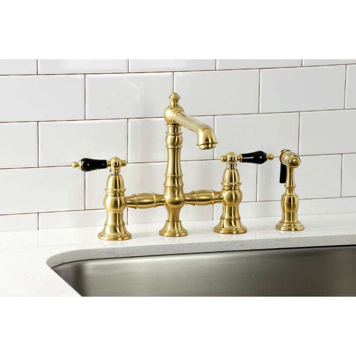 Kingston Tulare KS7277PKLBS - Duchess Two-Handle 4-Hole Deck Mount Bridge Kitchen Faucet with Brass Sprayer, Brushed Brass