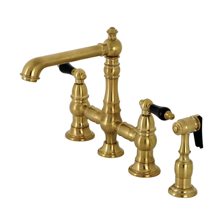 Kingston Tulare KS7277PKLBS - Duchess Two-Handle 4-Hole Deck Mount Bridge Kitchen Faucet with Brass Sprayer, Brushed Brass