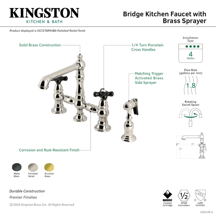 Kingston Tulare KS7277PKXBS - Duchess Two-Handle 4-Hole Deck Mount Bridge Kitchen Faucet with Brass Sprayer, Brushed Brass