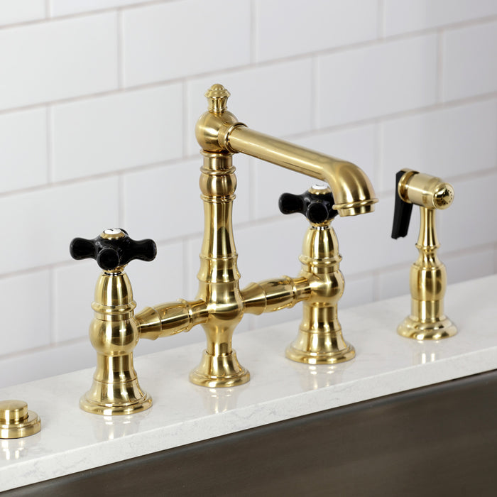 Kingston Tulare KS7277PKXBS - Duchess Two-Handle 4-Hole Deck Mount Bridge Kitchen Faucet with Brass Sprayer, Brushed Brass