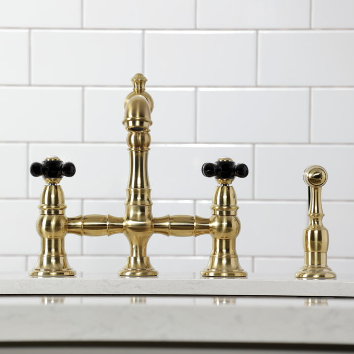 Kingston Tulare KS7277PKXBS - Duchess Two-Handle 4-Hole Deck Mount Bridge Kitchen Faucet with Brass Sprayer, Brushed Brass