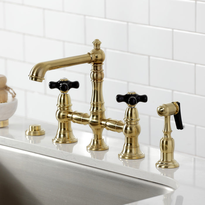 Kingston Tulare KS7277PKXBS - Duchess Two-Handle 4-Hole Deck Mount Bridge Kitchen Faucet with Brass Sprayer, Brushed Brass